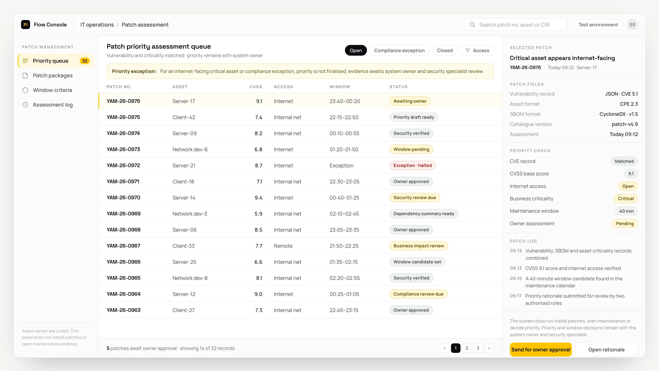 Representative it operations panel with a work queue, checks and an audit trail: patch priority assessment queue