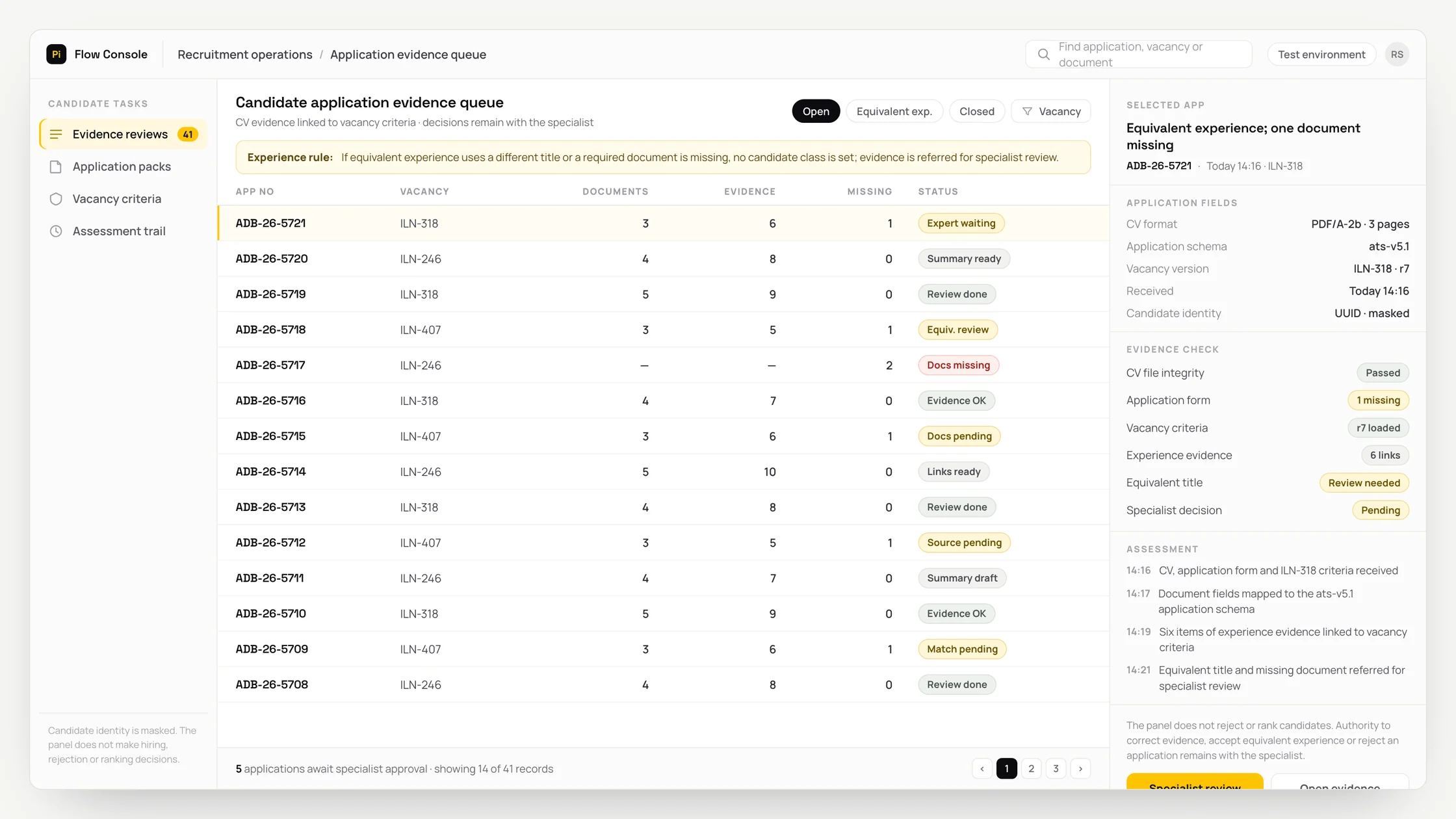 Representative recruitment operations panel with a work queue, checks and an audit trail: candidate application evidence queue