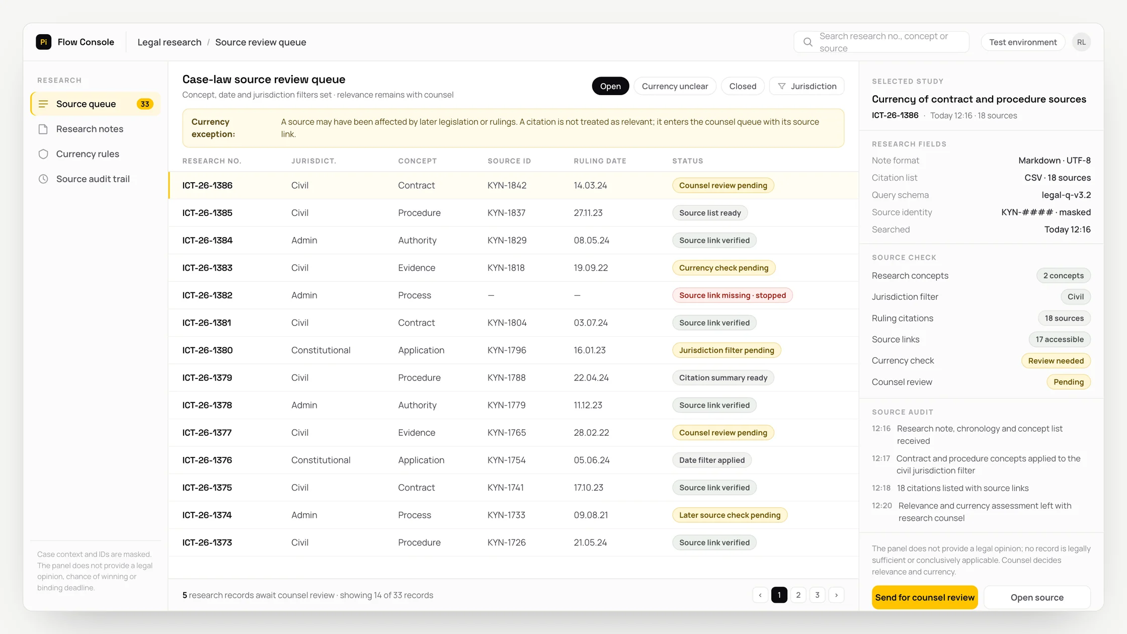 Representative legal research panel with a work queue, checks and an audit trail: case-law source review queue