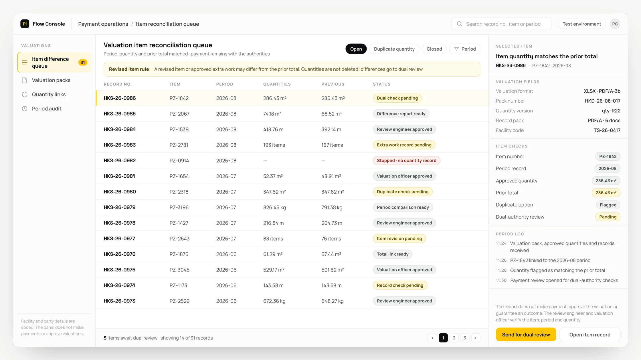 Representative payment operations panel with a work queue, checks and an audit trail: valuation item reconciliation queue