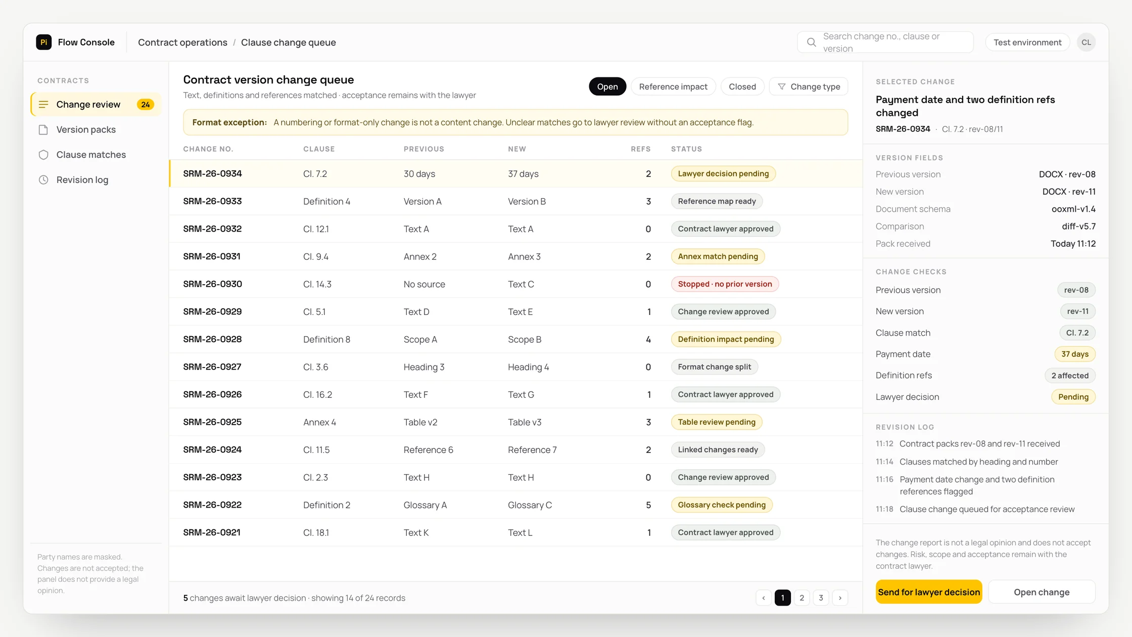 Representative contract operations panel with a work queue, checks and an audit trail: contract version change queue