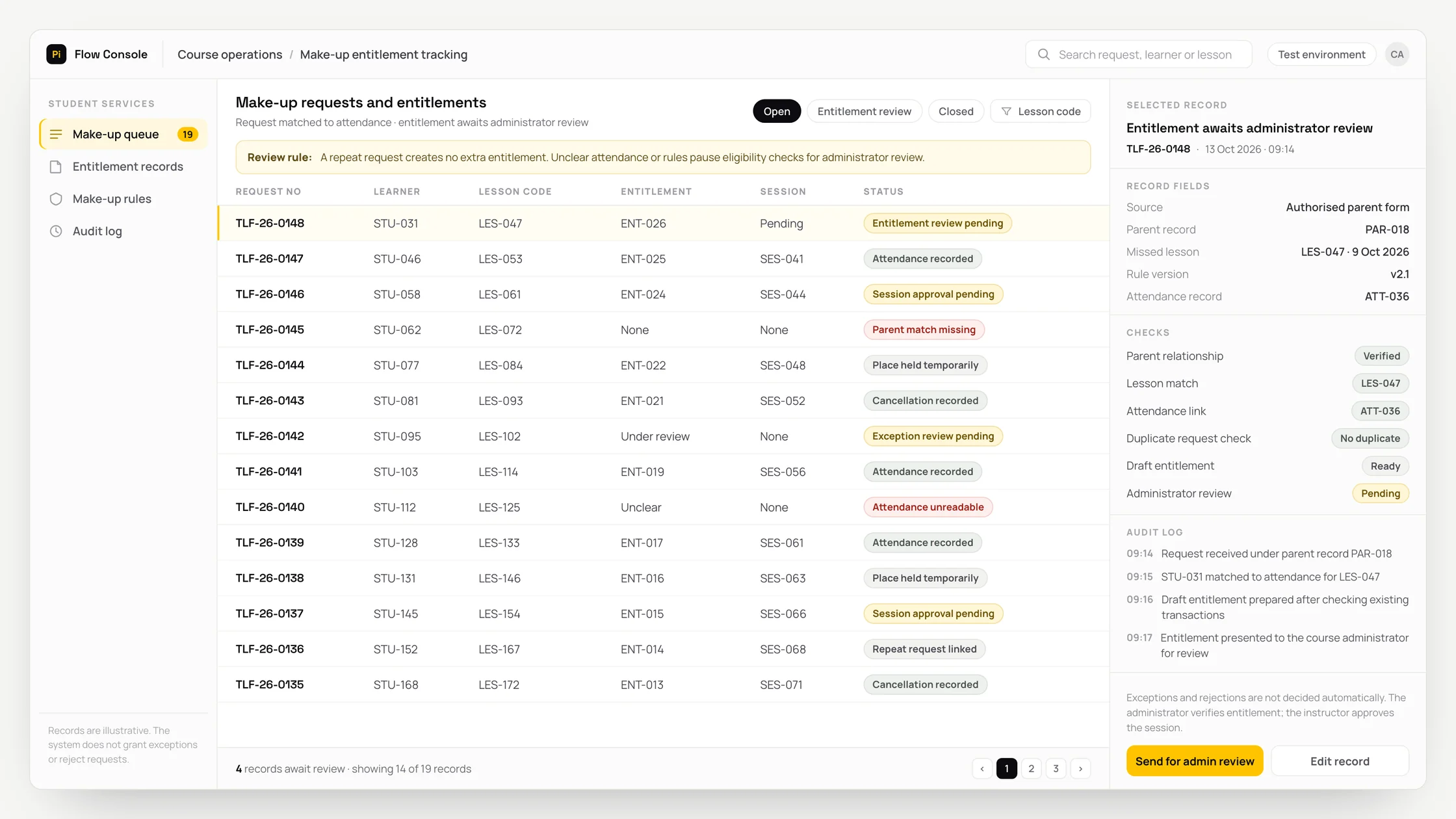 Representative course operations panel with a work queue, checks and an audit trail: make-up requests and entitlements