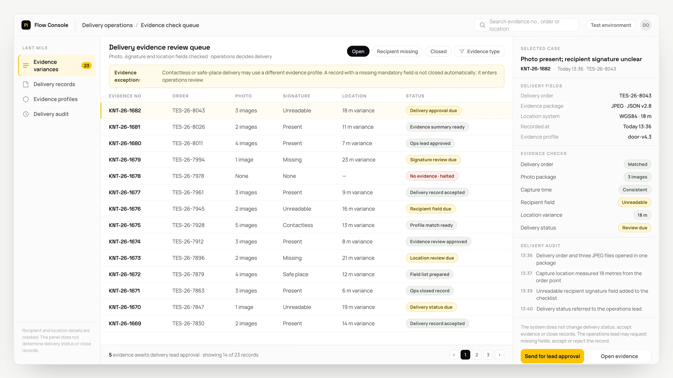 Representative delivery operations panel with a work queue, checks and an audit trail: delivery evidence review queue