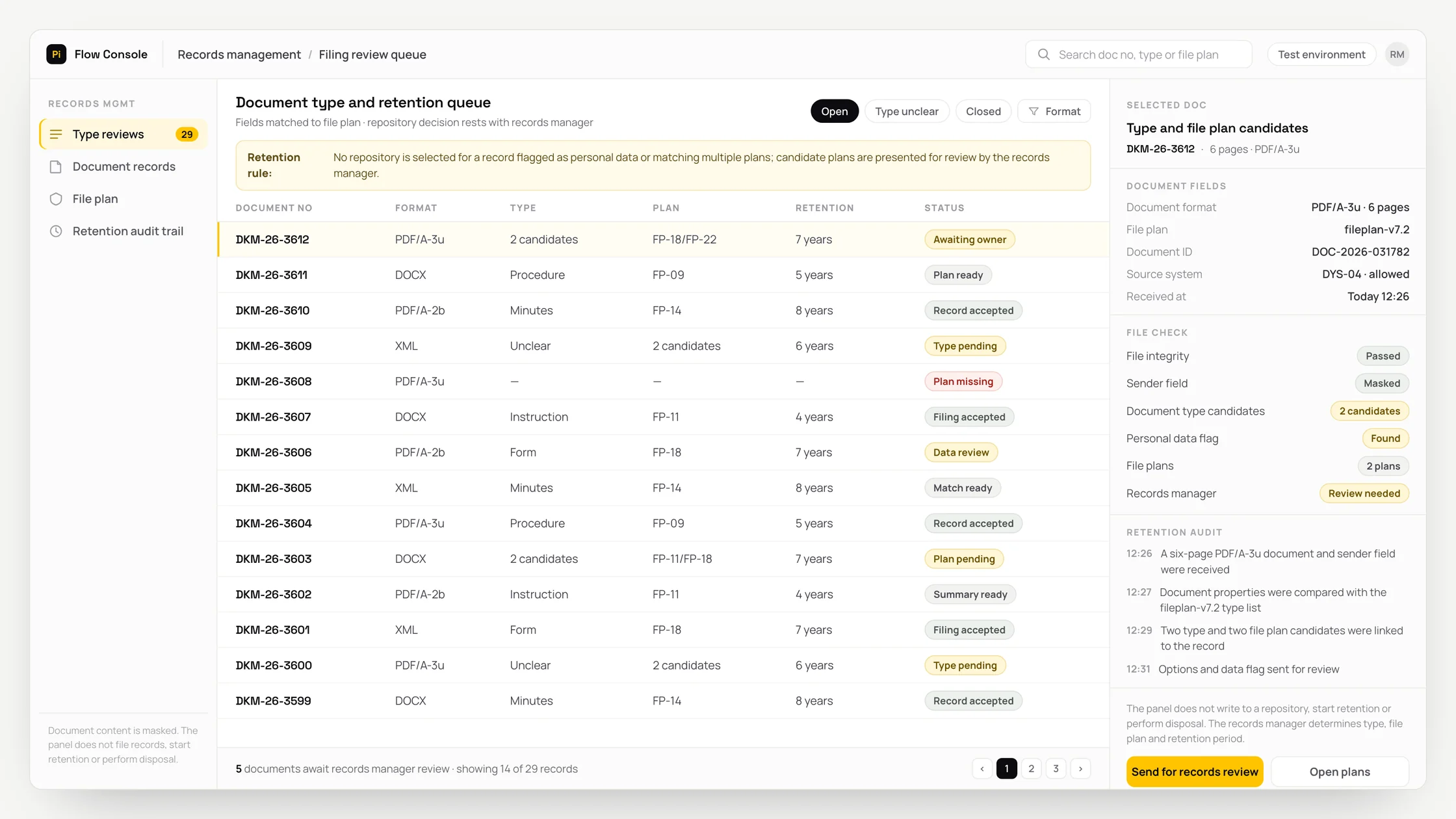 Representative records management panel with a work queue, checks and an audit trail: document type and retention queue