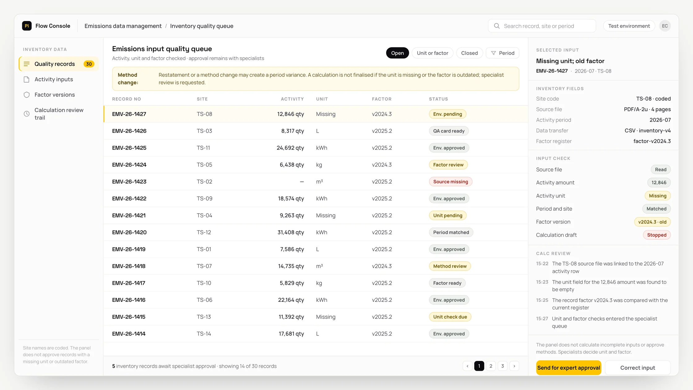 Representative emissions data management panel with a work queue, checks and an audit trail: emissions input quality queue