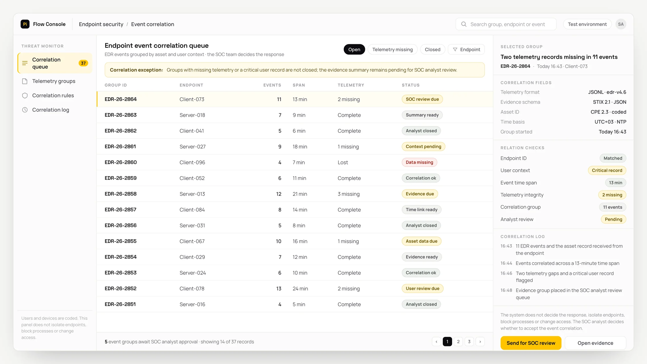 Representative endpoint security panel with a work queue, checks and an audit trail: endpoint event correlation queue