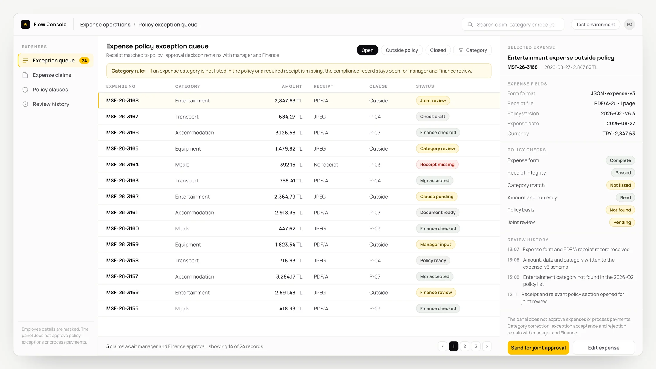 Representative expense operations panel with a work queue, checks and an audit trail: expense policy exception queue