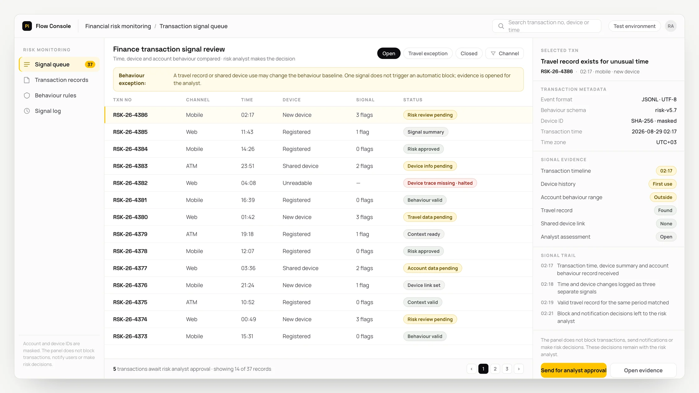 Representative financial risk monitoring panel with a work queue, checks and an audit trail: finance transaction signal review