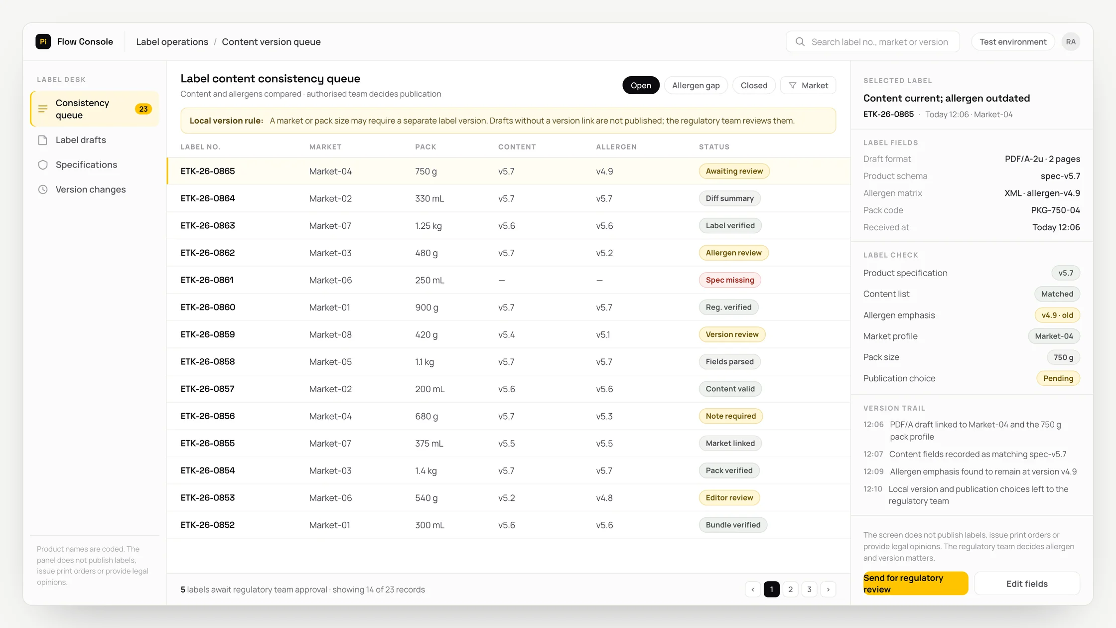 Representative label operations panel with a work queue, checks and an audit trail: label content consistency queue