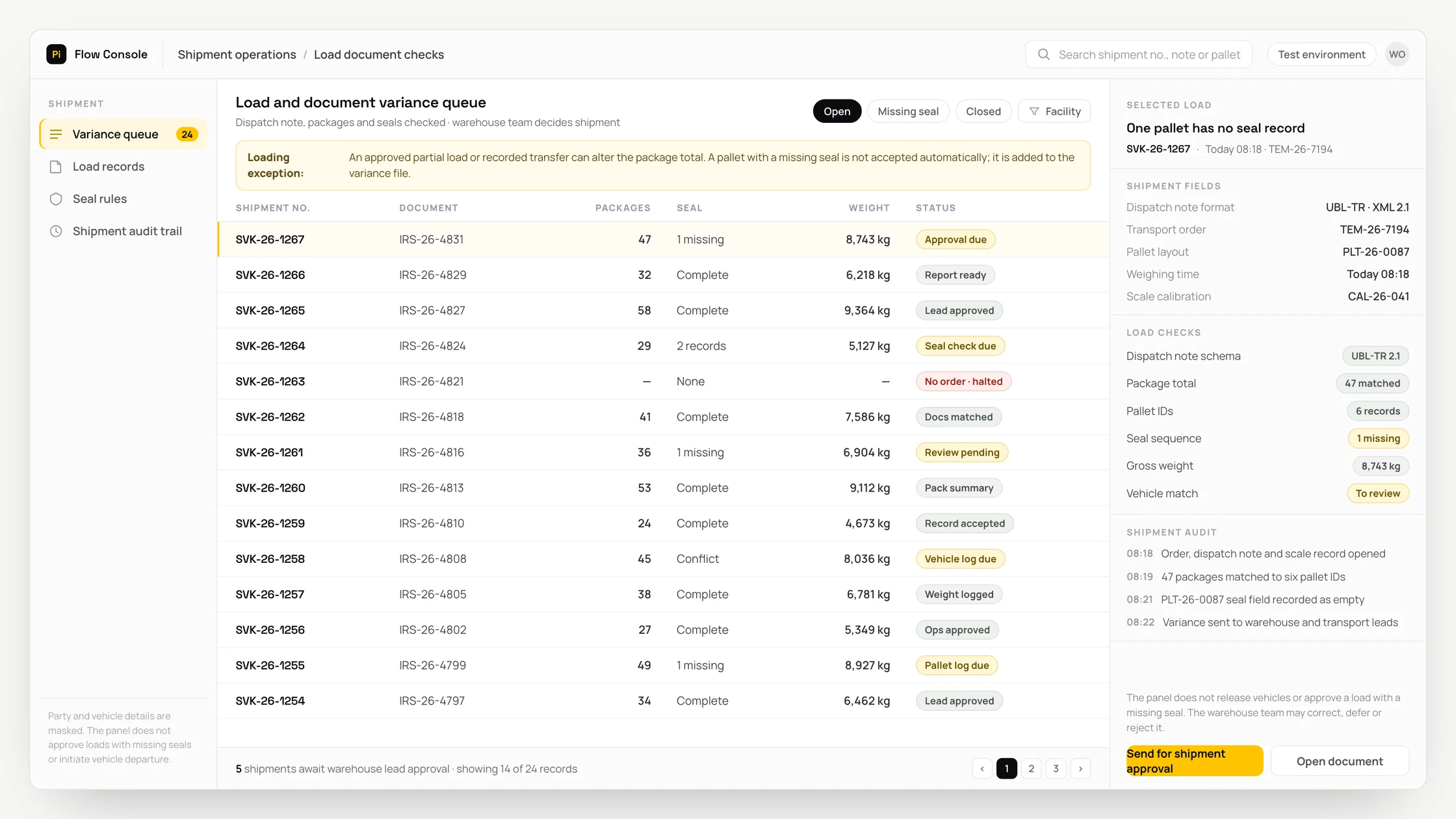 Representative shipment operations panel with a work queue, checks and an audit trail: load and document variance queue