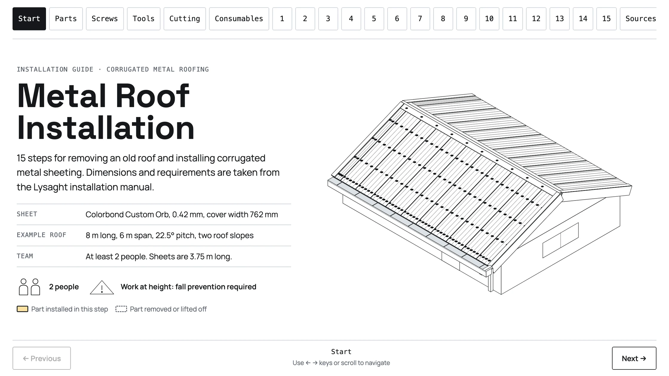 Start screen of the animated installation guide: isometric metal roof drawing, sheet and team details, step buttons