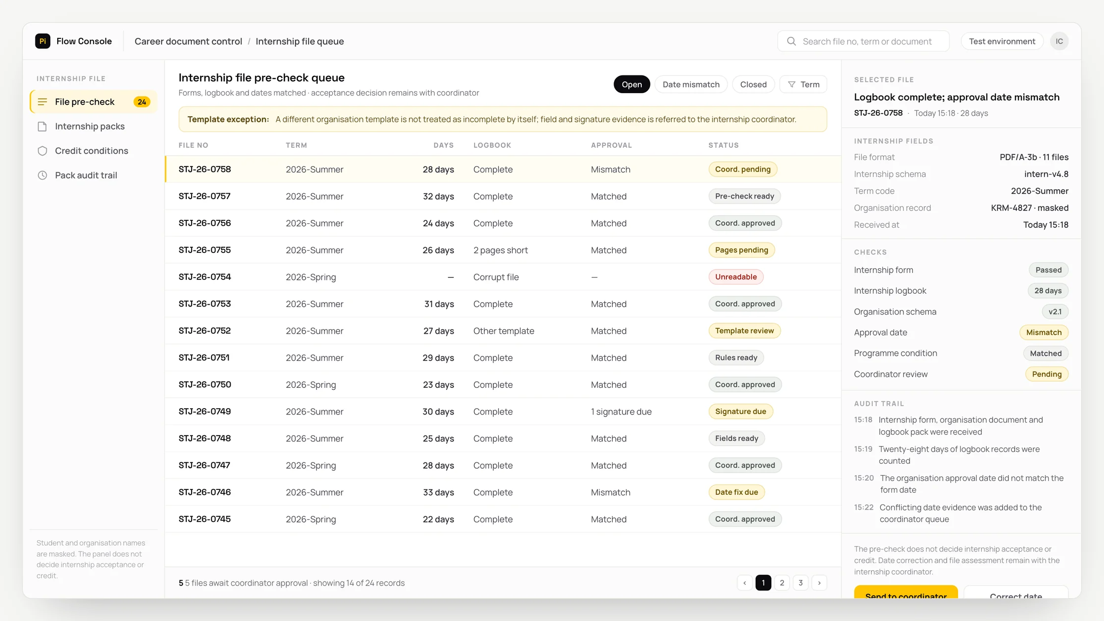 Representative career document control panel with a work queue, checks and an audit trail: internship file pre-check queue