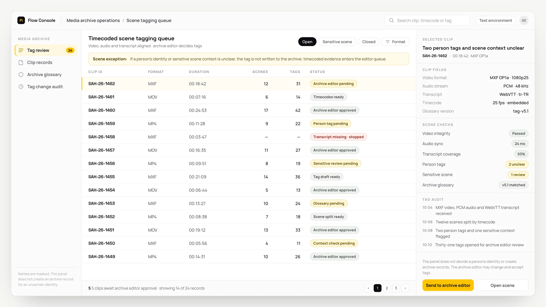 Representative media archive operations panel with a work queue, checks and an audit trail: timecoded scene tagging queue