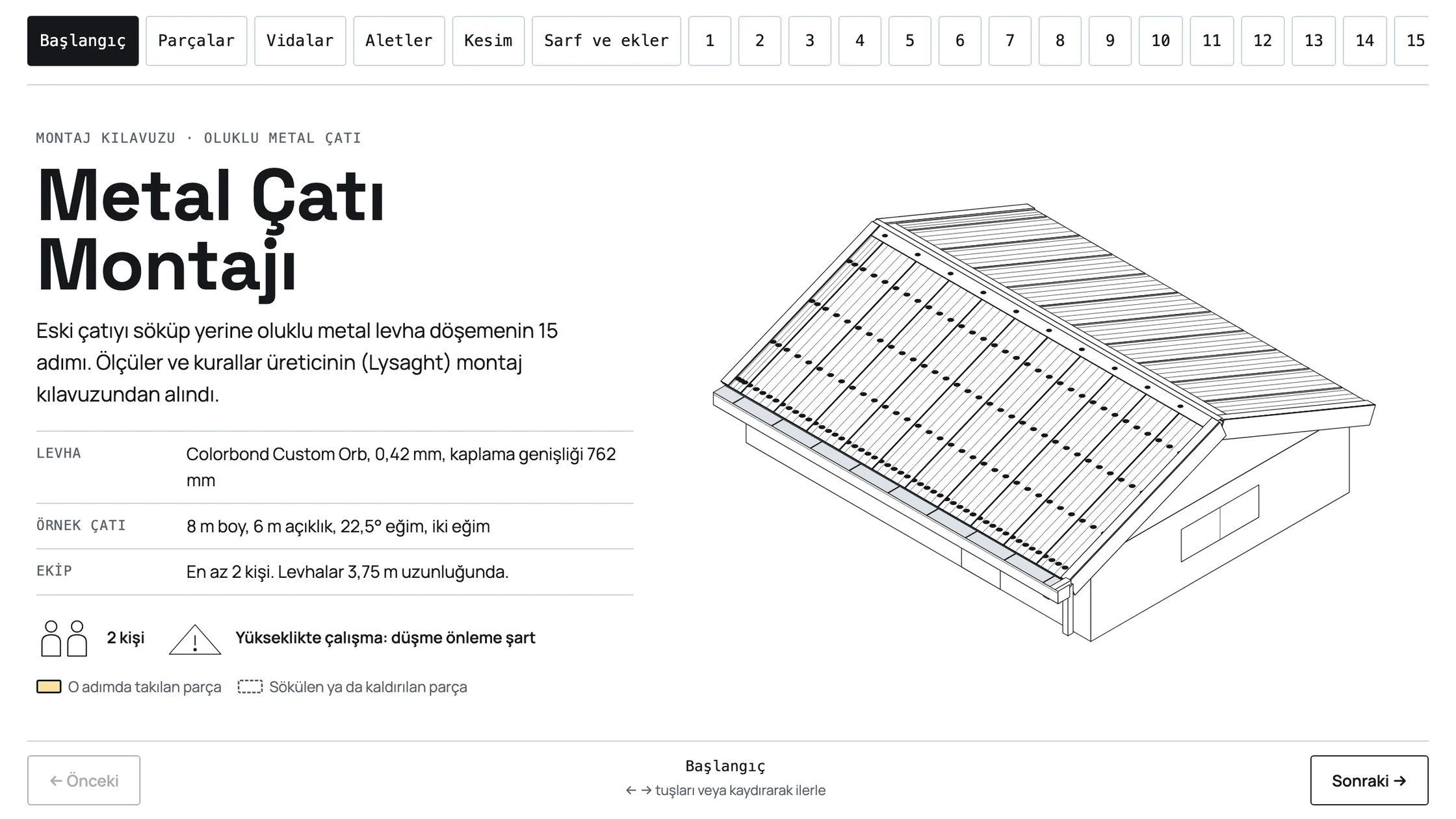 Animasyonlu montaj kılavuzunun başlangıç ekranı: izometrik metal çatı çizimi, levha ve ekip bilgisi, adım düğmeleri