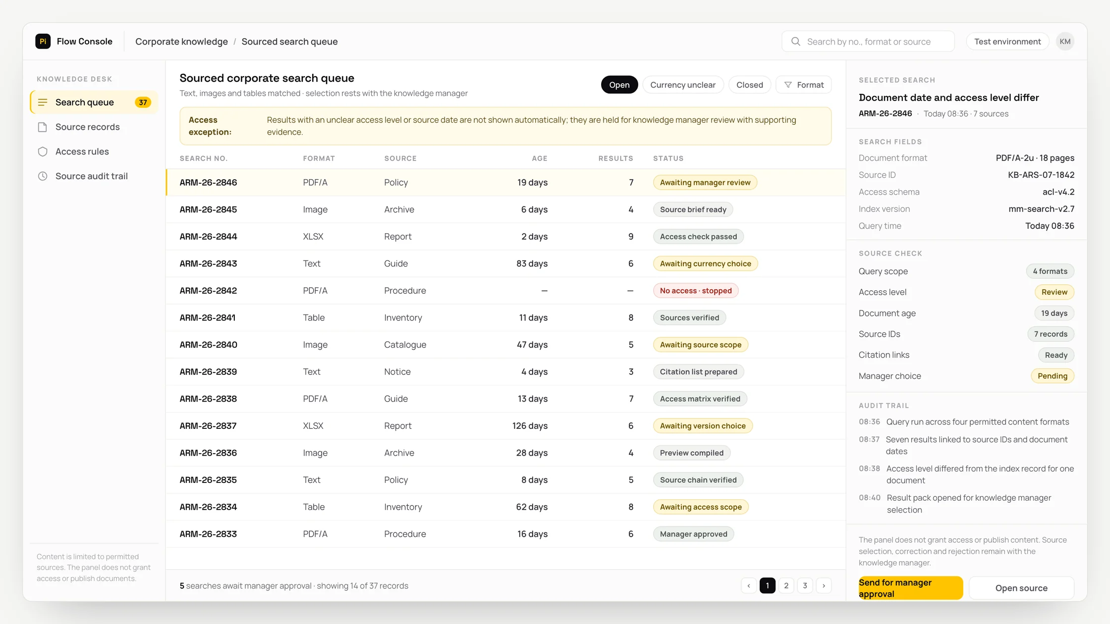 Representative corporate knowledge panel with a work queue, checks and an audit trail: sourced corporate search queue