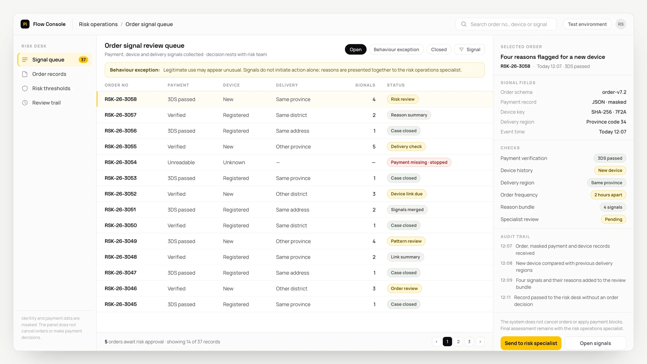Representative risk operations panel with a work queue, checks and an audit trail: order signal review queue