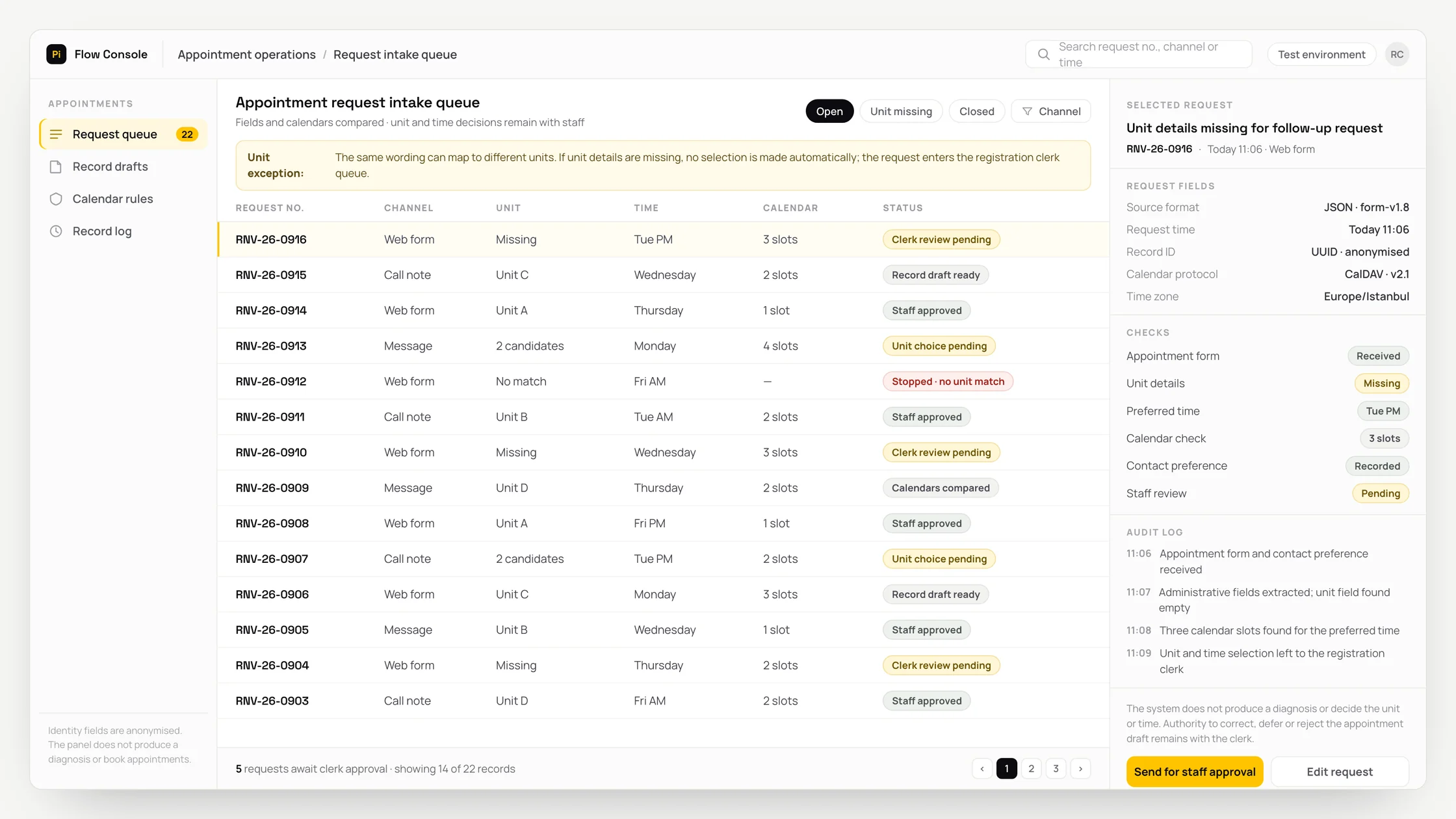 Representative appointment operations panel with a work queue, checks and an audit trail: appointment request intake queue