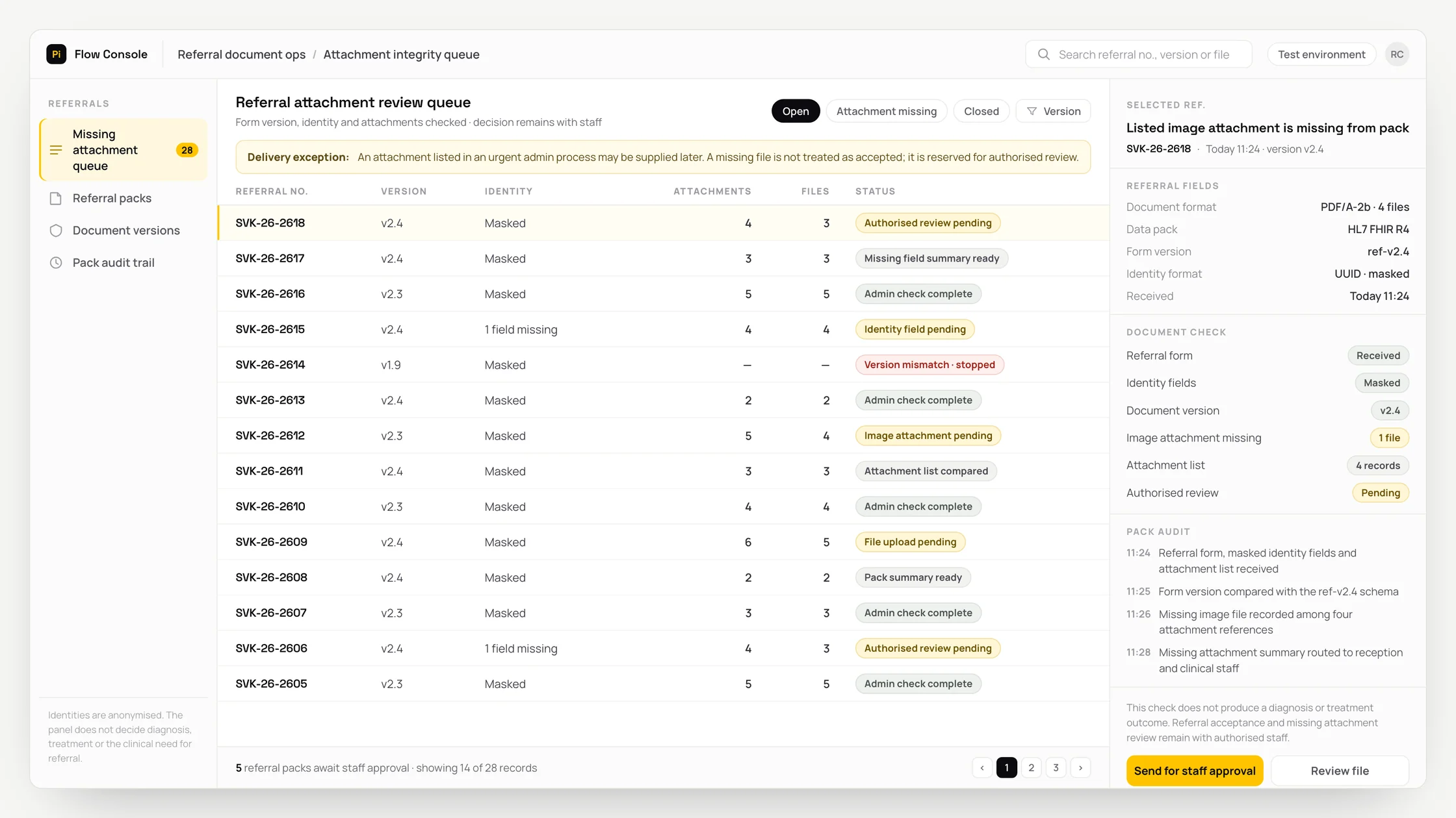 Representative referral document ops panel with a work queue, checks and an audit trail: referral attachment review queue
