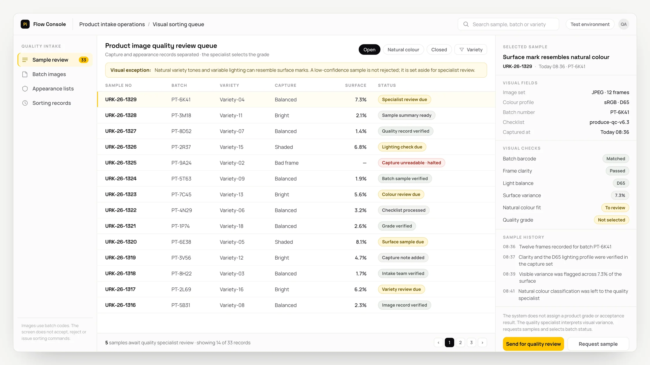 Representative product intake operations panel with a work queue, checks and an audit trail: product image quality review queue