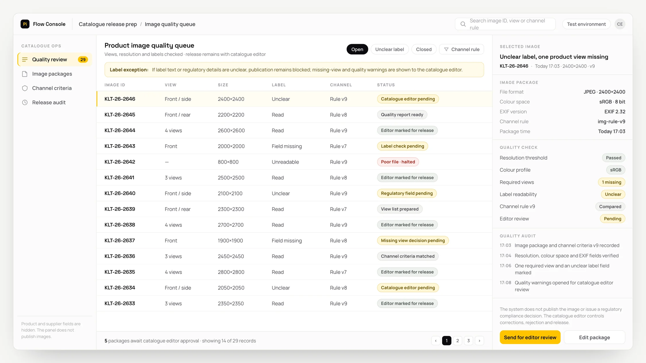 Representative catalogue release prep panel with a work queue, checks and an audit trail: product image quality queue