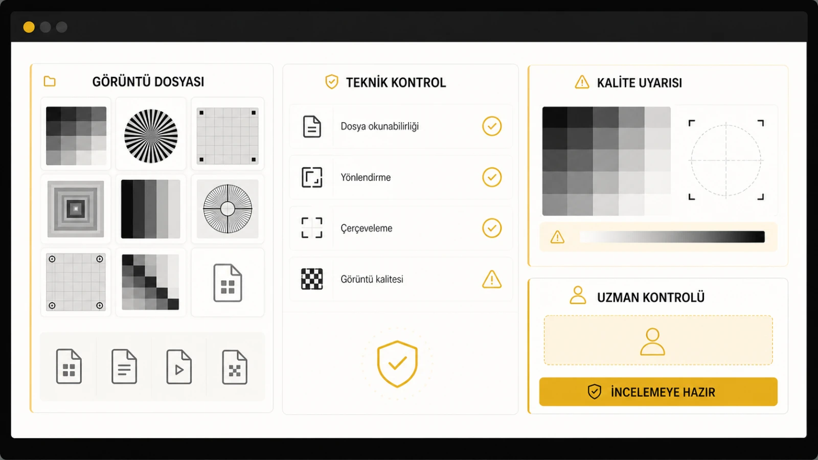 Test desenleri üzerinde dosya okunabilirliği, yönlendirme ve çerçeveleme kontrolü yapan temsili teknik panel