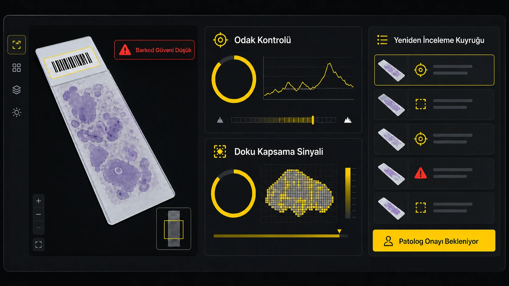 Dijital lamın barkod, odak ve doku kapsama sinyallerini patolog onayına sunan temsili teknik panel