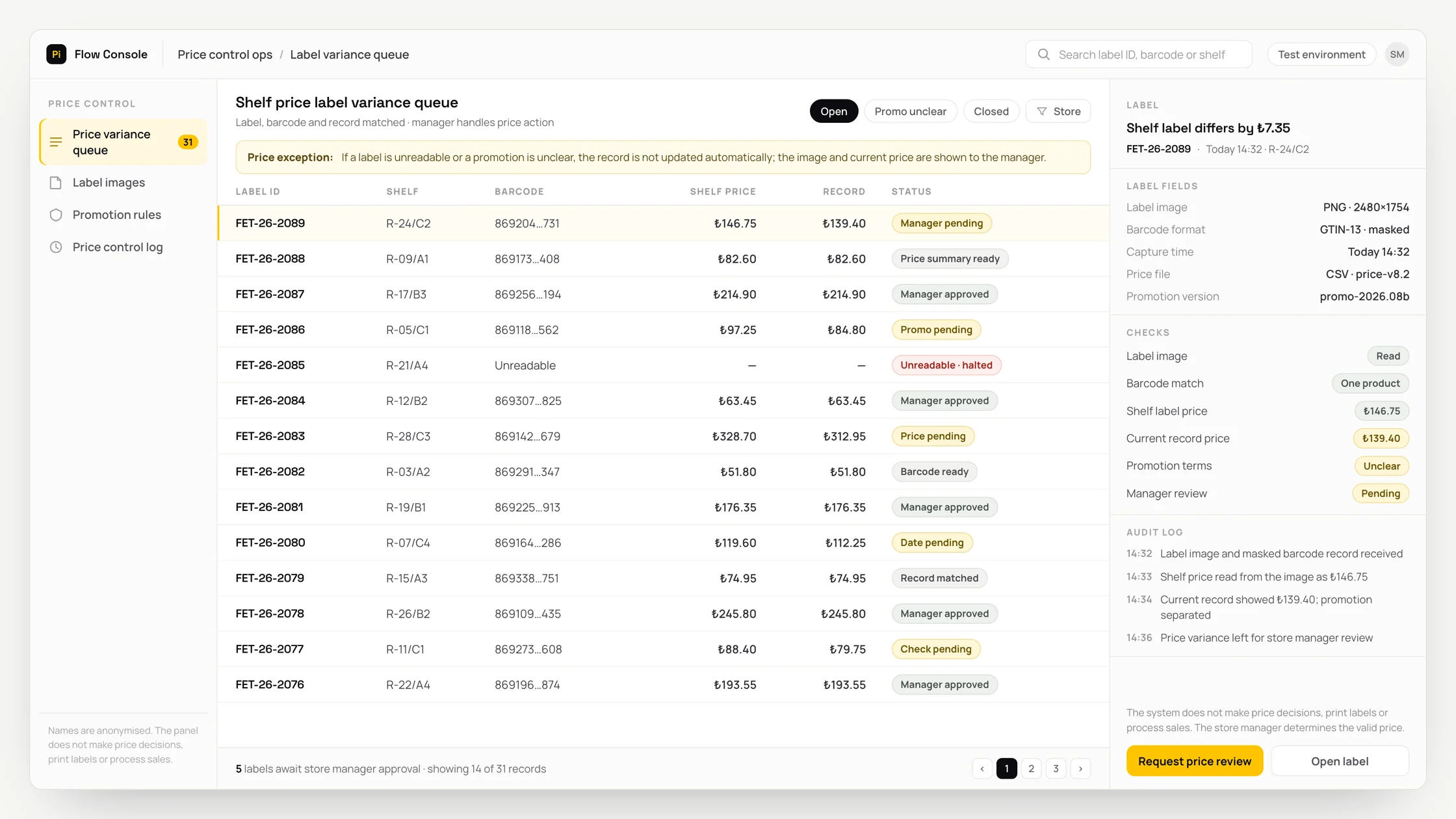 Representative price control ops panel with a work queue, checks and an audit trail: shelf price label variance queue