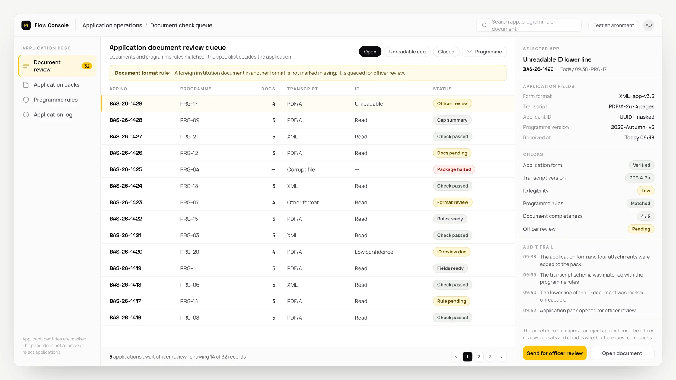 Representative application operations panel with a work queue, checks and an audit trail: application document review queue