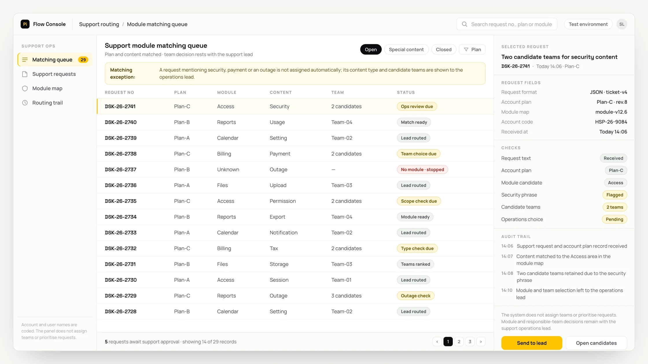 Representative support routing panel with a work queue, checks and an audit trail: support module matching queue