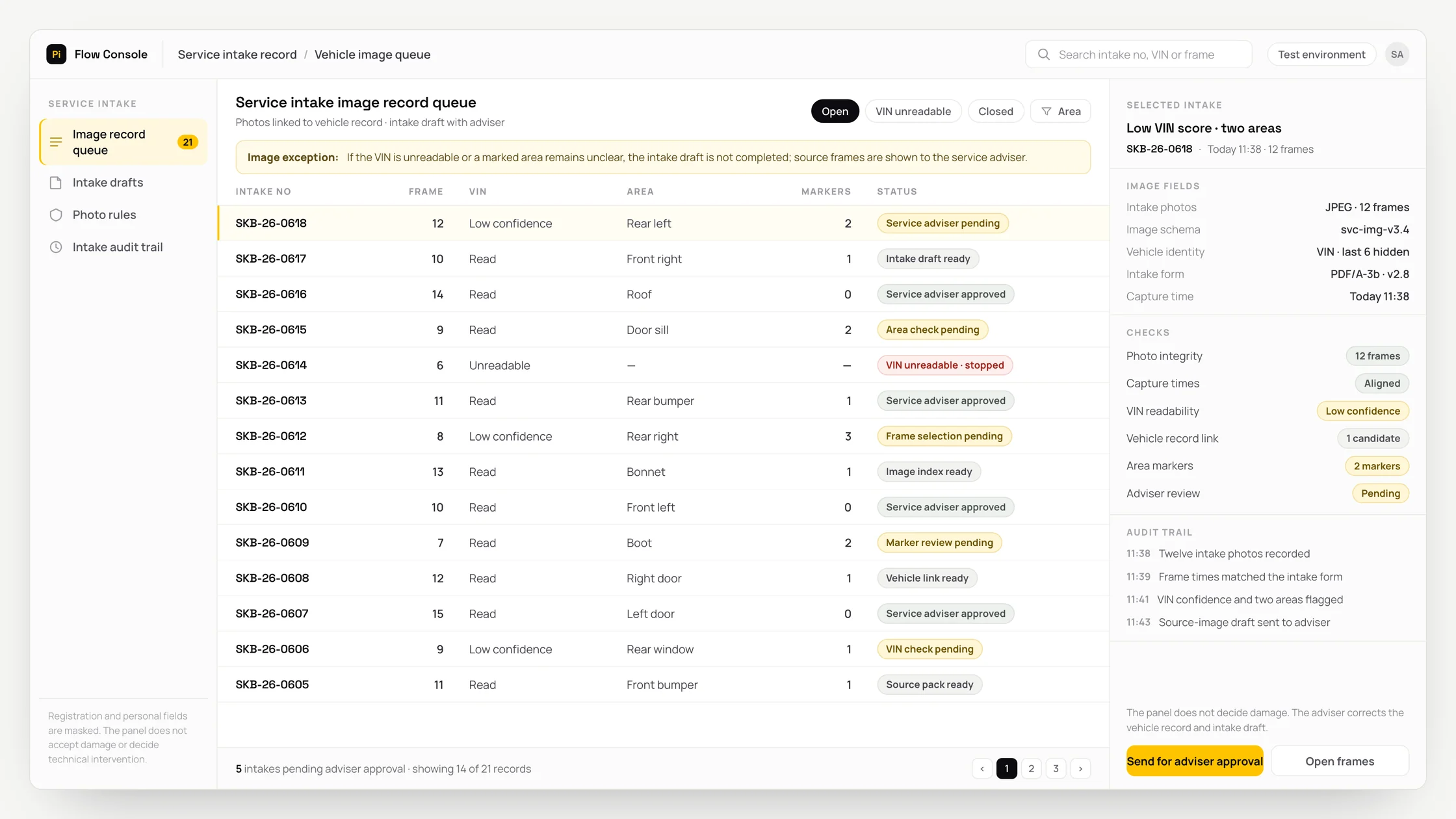 Representative service intake record panel with a work queue, checks and an audit trail: service intake image record queue