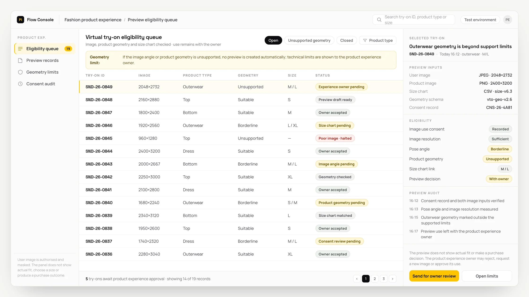 Representative fashion product experience panel with a work queue, checks and an audit trail: virtual try-on eligibility queue