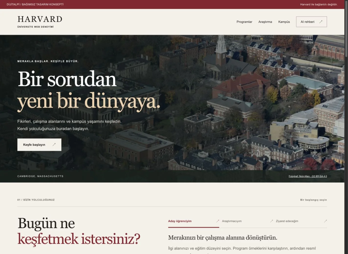 DijitalPi Harvard konseptinden gerçek ekran: kampüs fotoğrafı ve bordo ayrıntılarla ana sayfa tasarımı