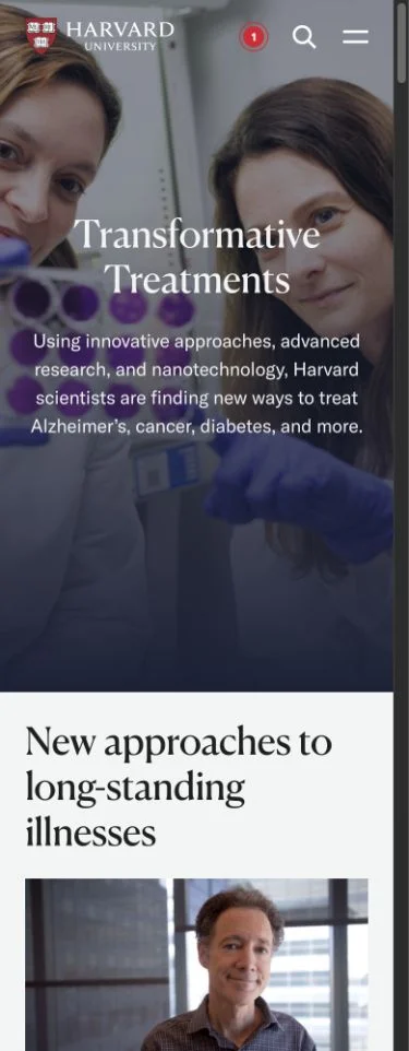 Mevcut Harvard ana sayfasının telefonda araştırma temalı açılışı