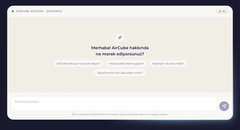 AirCube sitesindeki yapay zekâ asistanı