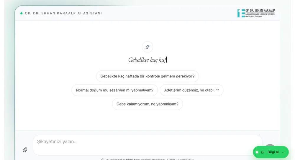 Op. Dr. Erhan Karaalp sitesindeki yapay zekâ asistanı