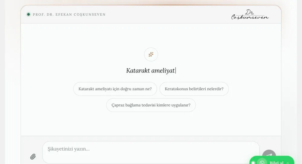 Prof. Dr. Efekan Coşkunseven sitesindeki yapay zekâ asistanı