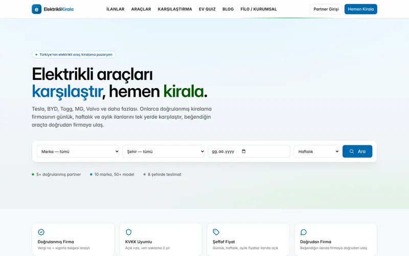 Elektrikli Kiralama web sitesinin ana sayfası