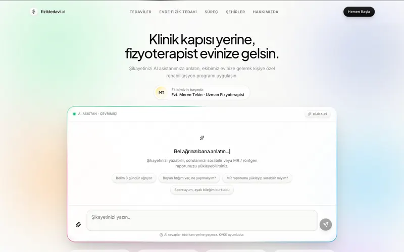 Fiziktedavi.ai web sitesinin ana sayfası