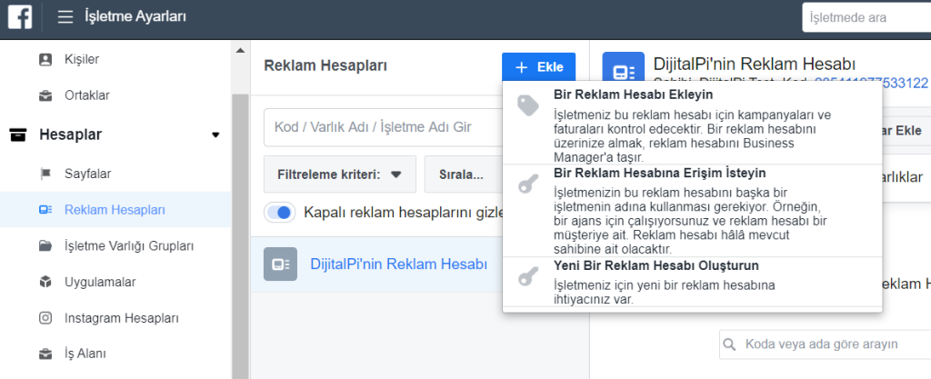Business Manager'da Reklam Hesapları